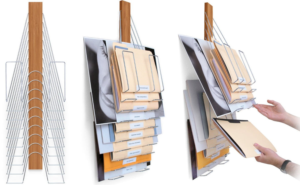 The Up Filer, Wall File Organizer. 10 slots or pockets for organizing letter sized files, legal sized files, or oversized flat files. Made of Wood & Nickel-plated steel it's a permanent solution to clearing the clutter in your workspace.