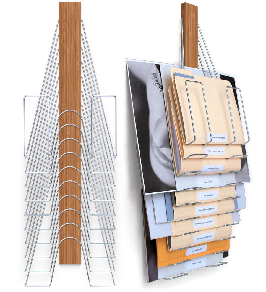 Hanging Wall File Organizer- made of Bamboo and Nickel Plated Steel. has 10 slots or pockets to hold letter sized files, legal sized files, and oversized flat-files.