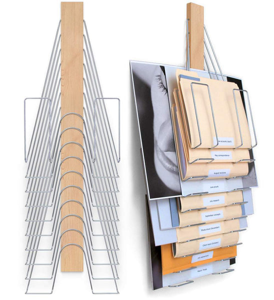 Up Filer Original-Hanging Wall File Organizer- made of maple hardwood and nickel plated steel-  10 slots / pockets hold letter, legal, and oversized flat-files, papers, or documents.